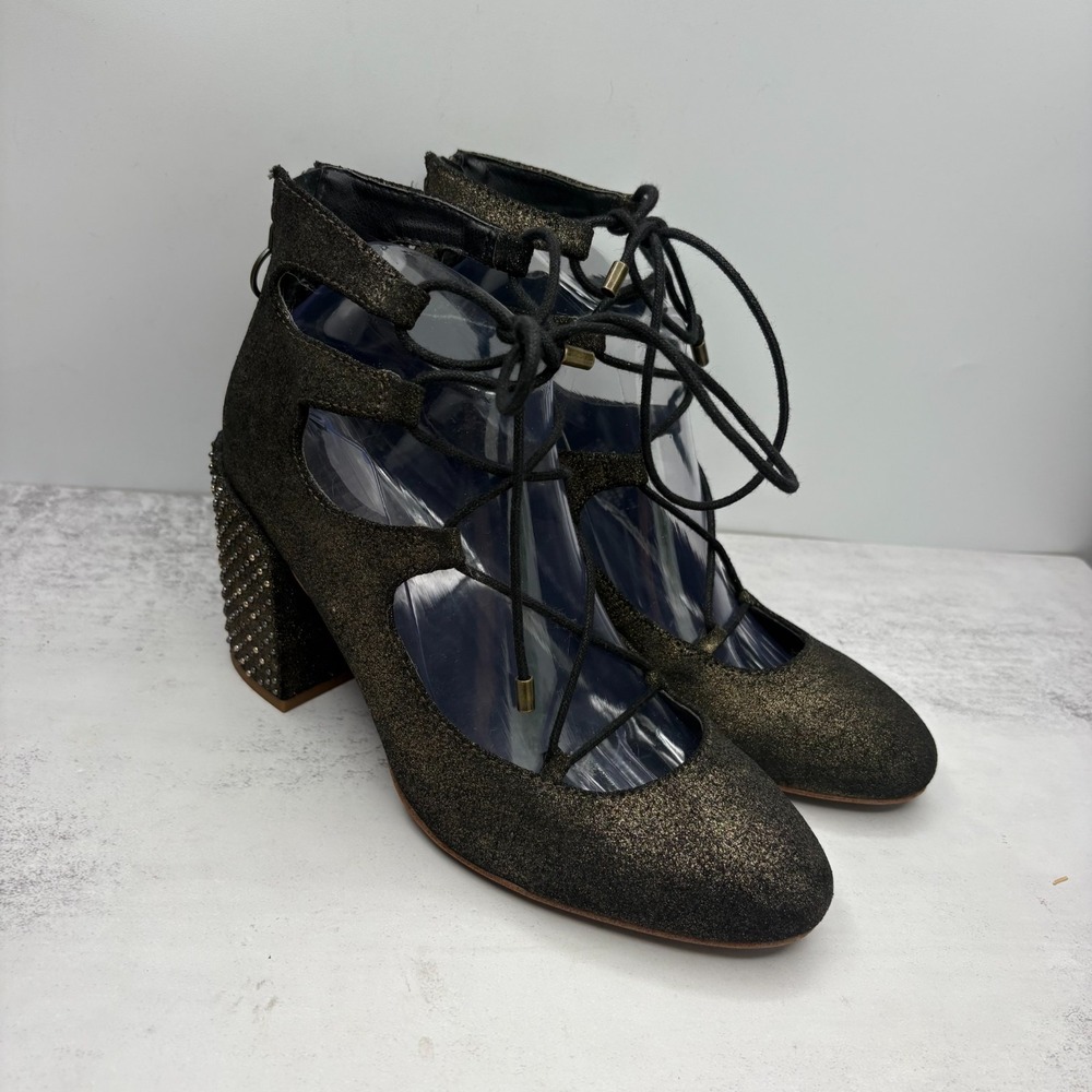 Latigo Kamila Lace Up Heels 8M Bronze Leather Chunky Studded Heels Romantic Goth